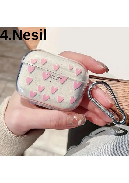 4. Nesil Uyumlu 2024 Kulaklık Kılıfı Pembe Kalp Desenli Simli