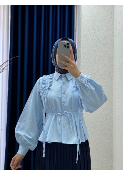 Yelique Omuzu Büzgülü Kısa GÖMLEK-BN4393 Bebe Mavisi