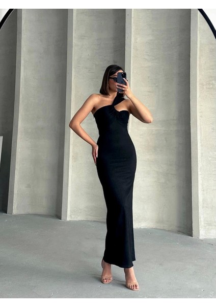 Krinkıl Tek Omuz Uzun Elbise Siyah S25455 fiyatları