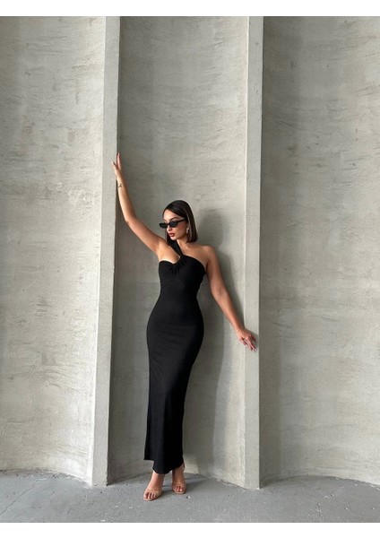 Krinkıl Tek Omuz Uzun Elbise Siyah S25455 fırsatları