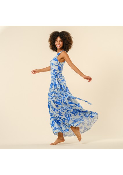 Protı Dijital Baskılı Asimetrik Elbise - Mavi