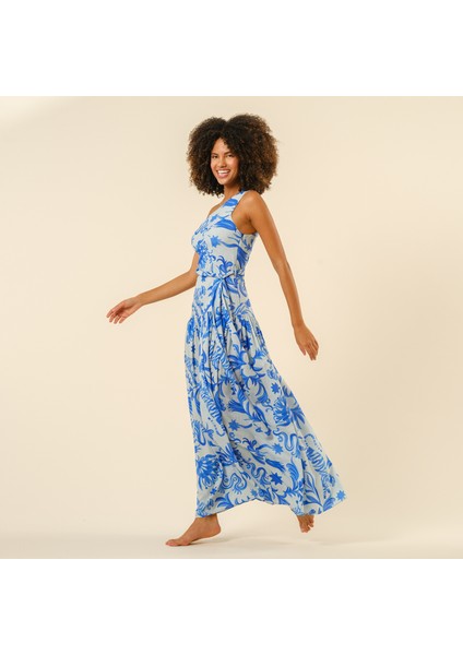 Protı Dijital Baskılı Asimetrik Elbise - Mavi fiyatları