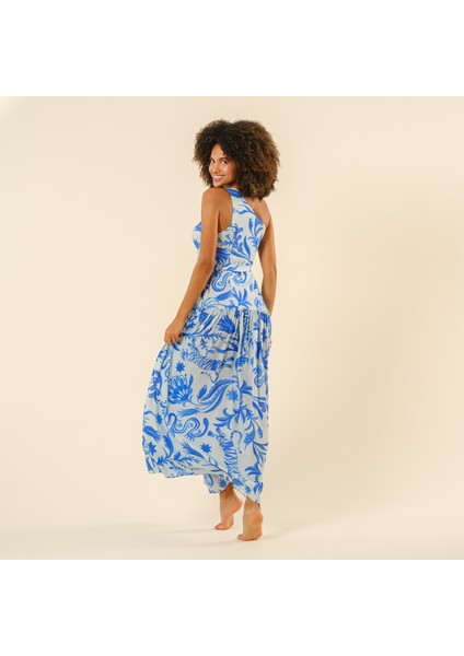 Protı Dijital Baskılı Asimetrik Elbise - Mavi modelleri