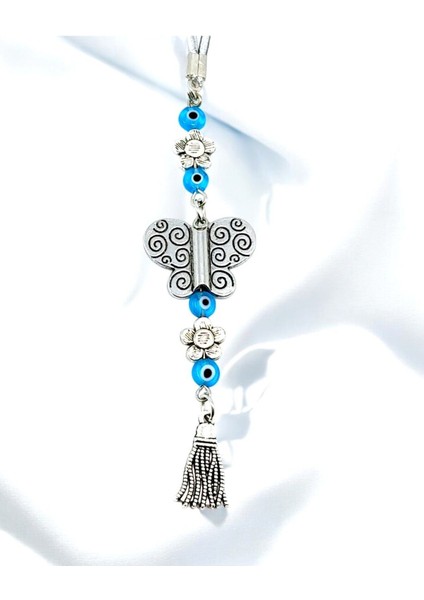 Nazar Boncuklu, Çiçek Detaylı Metal Kelebek Araba Dikiz Ayna Süsü/püsküllü Yeni Araba Hediyesi