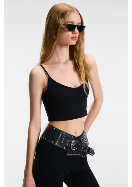 Lumına Kadın Ince Ayar Askılı Slim Crop Siyah Atlet modelleri
