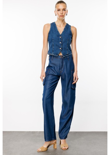 Yüksek Bel Geniş Paça Bol Kesim Koyu Indigo Kadın Denim Pantolon DT10544