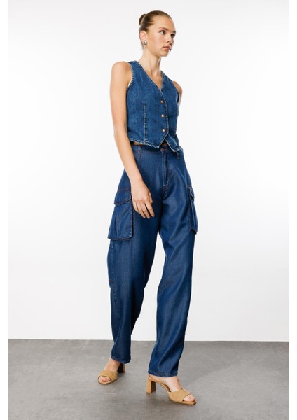 Yüksek Bel Geniş Paça Bol Kesim Koyu Indigo Kadın Denim Pantolon DT10544 fiyatları