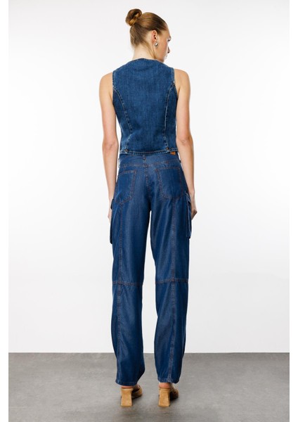 Yüksek Bel Geniş Paça Bol Kesim Koyu Indigo Kadın Denim Pantolon DT10544 modelleri