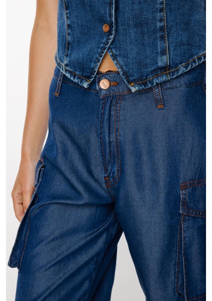 Yüksek Bel Geniş Paça Bol Kesim Koyu Indigo Kadın Denim Pantolon DT10544 fırsatları
