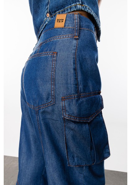Yüksek Bel Geniş Paça Bol Kesim Koyu Indigo Kadın Denim Pantolon DT10544 indirimleri