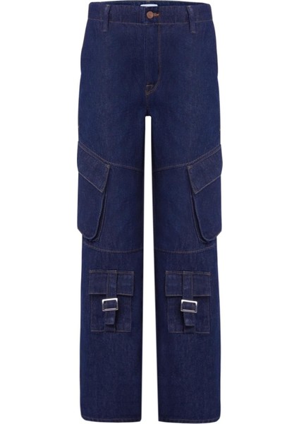 LAURA Cargo Fit Rinse Koyu İndigo Utility Kadın Jean Pantolon fırsatları