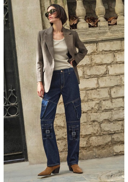 LAURA Cargo Fit Rinse Koyu İndigo Utility Kadın Jean Pantolon