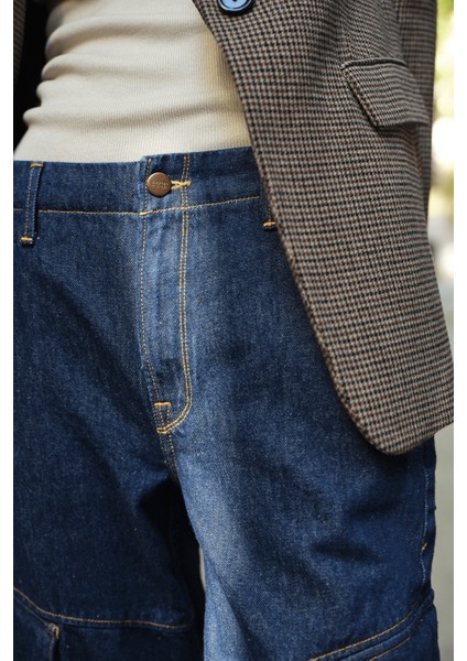 LAURA Cargo Fit Rinse Koyu İndigo Utility Kadın Jean Pantolon