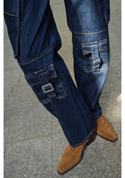 LAURA Cargo Fit Rinse Koyu İndigo Utility Kadın Jean Pantolon