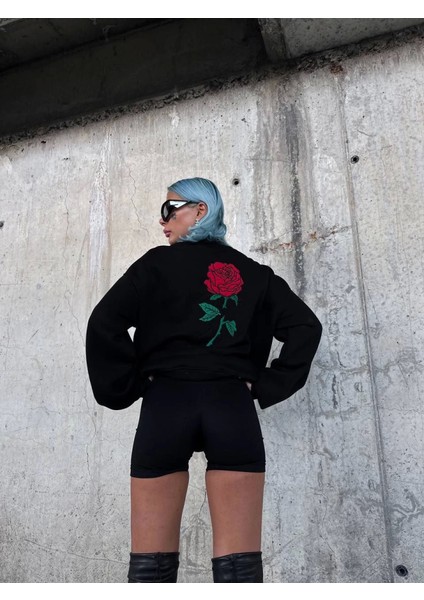 Oversize Üç Iplik Bisiklet Yaka Baskılı Sweatshirt - Siyah modelleri