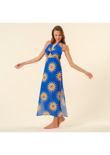 Protı Dijital Baskılı Şantuklu Polyester Elbise - Lacivert