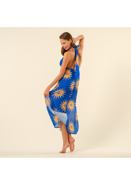 Protı Dijital Baskılı Şantuklu Polyester Elbise - Lacivert