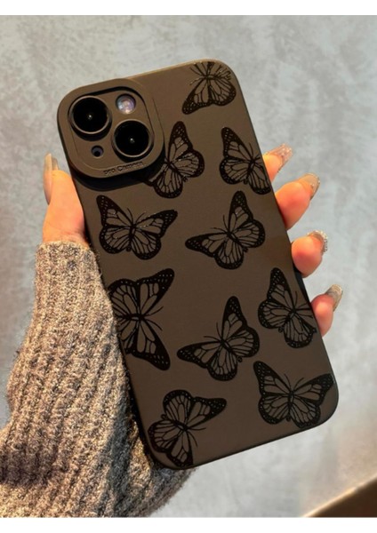 Iphone 13-14 Uyumlu Kılıf Mat Siyah Kelebek Darbelere Dayanıklı Yumuşak Kamera Korumalı Kapak