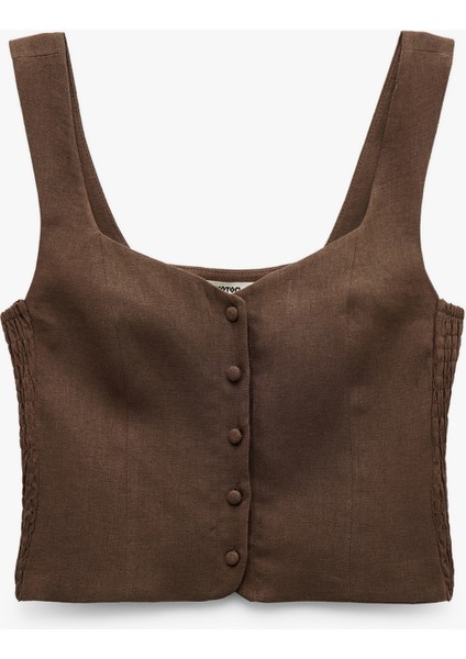 Yeni Sezon Astarlı Düğmeli Askılı Keten Crop Bluz