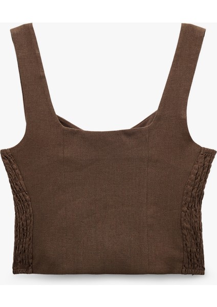 Yeni Sezon Astarlı Düğmeli Askılı Keten Crop Bluz