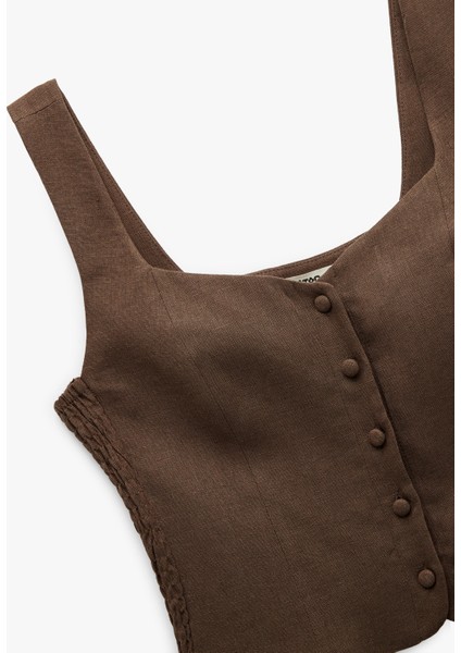 Yeni Sezon Astarlı Düğmeli Askılı Keten Crop Bluz