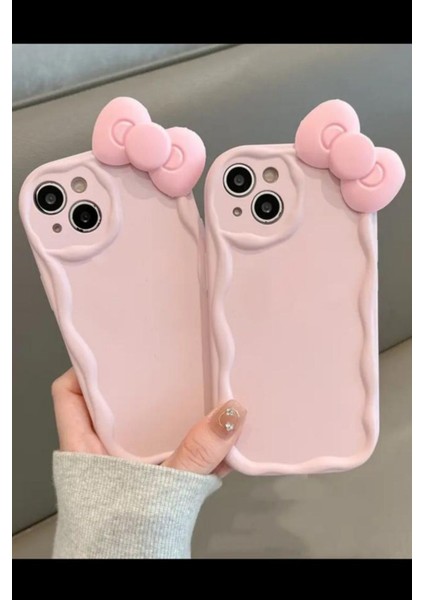 Iphone 13-14 Uyumlu Kılıf Kurdeleli Dalgalı Kenarlı Darbelere Karşı Dayanıklı Yumuşak Kapak Pembe