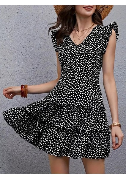 Kadın Kısa Kollu V Yakalı Desenli Fırfırlı Süprem Elbise