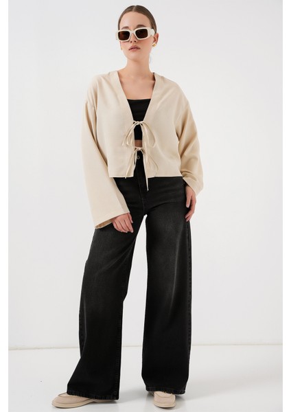 Önü Bağlamalı Keten Kimono 960 - Krem