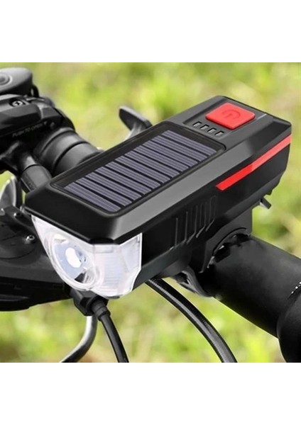 Solar Enerjili USB Ile Şarj Edilebilir Ledli Bisiklet Feneri Kornalı ve Su Geçirmez Far