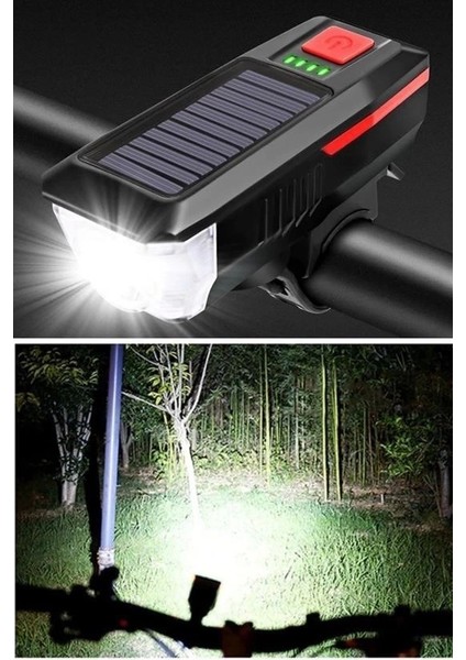 Solar Enerjili USB Ile Şarj Edilebilir Ledli Bisiklet Feneri Kornalı ve Su Geçirmez Far
