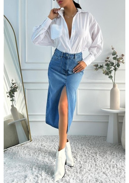 Kadın Midi Boy Pens Detaylı Yırtmaçlı Denim Mavi Etek