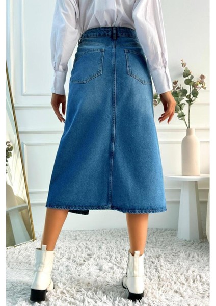 Kadın Midi Boy Pens Detaylı Yırtmaçlı Denim Mavi Etek