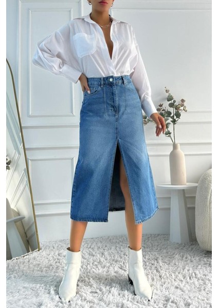 Kadın Midi Boy Pens Detaylı Yırtmaçlı Denim Mavi Etek
