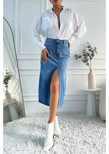 Kadın Midi Boy Pens Detaylı Yırtmaçlı Denim Mavi Etek