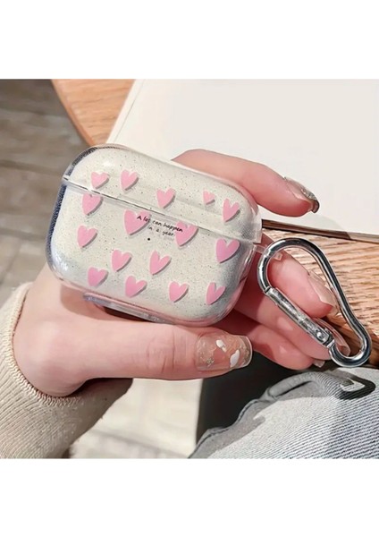 3.nesil Uyumlu Pembe Kalp Desenli Simli Kancalı Kulaklık Kılıfı