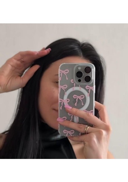Iphone 16 Pro Kılıf Pembe Fiyonk Desenli Magsafe Şeffaf Kılıf Darbeye Dayanıklı Kapak