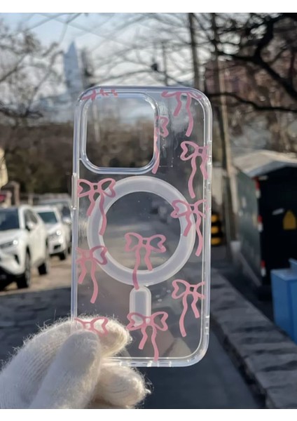 Iphone 16 Pro Kılıf Pembe Fiyonk Desenli Magsafe Şeffaf Kılıf Darbeye Dayanıklı Kapak modelleri