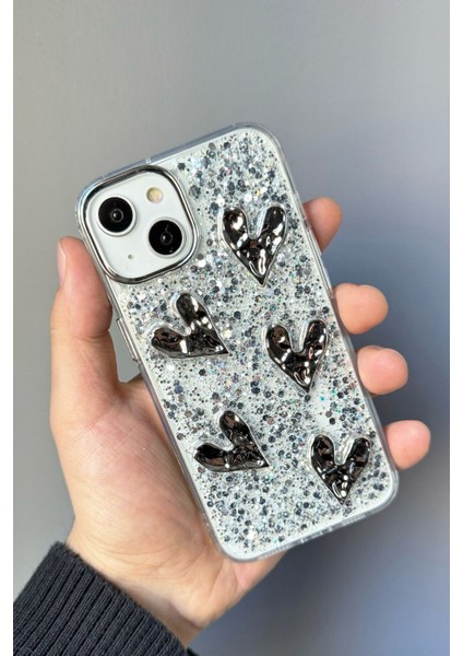 Apple iPhone 13-14 Uyumlu Kılıf Taşlı Kalp Figürlü Darbeye Karşı Dayanıklı Sert Silikon Kapak