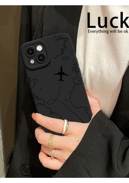 Iphone 15 Uyumlu Kılıf Mat Siyah Harita Desenli Darbelere Dayanıklı Yumuşak Kamera Korumalı Kapak