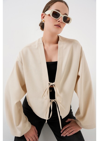 Önü Bağlamalı Keten Kimono 960 - Krem