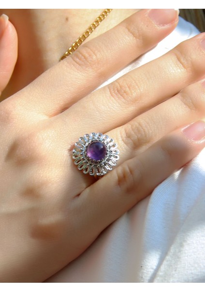 Doğal Taş Ametist Doğal Taşlı Telkari Model Kadın Ayarlanabilir Gümüş Kaplama Yüzük EUY63AMTR