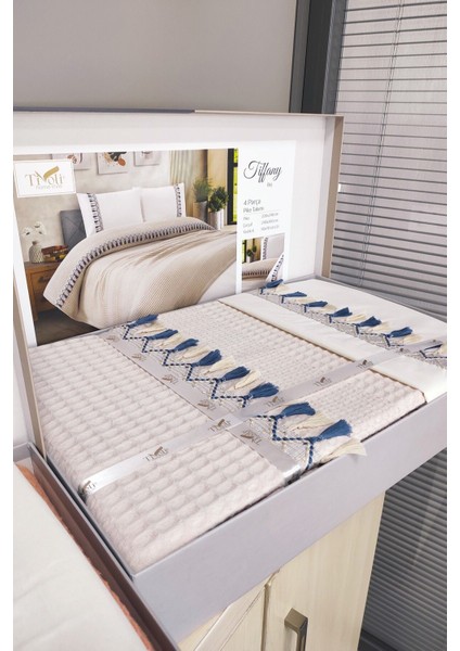 Çift Kişilik 4 Parça Püsküllü Havuz Pike Takımı - Tiffany- Natür fırsatları