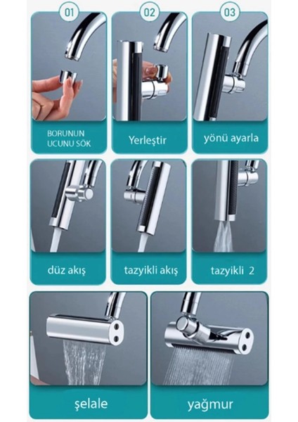 Krom Tasarruflu Şelale Musluk Başlığı 4 Modlu, Ayarlanabilir, Su Tasarrufu Sağlayan Pratik Başlık