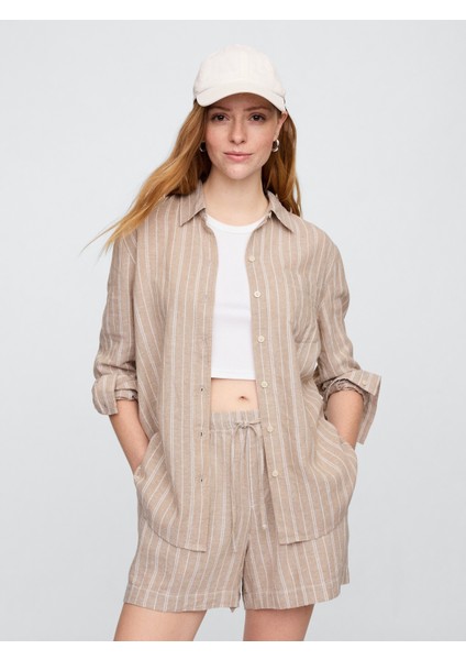 Kadın Açık Bej Keten Karışımı Easy Gömlek