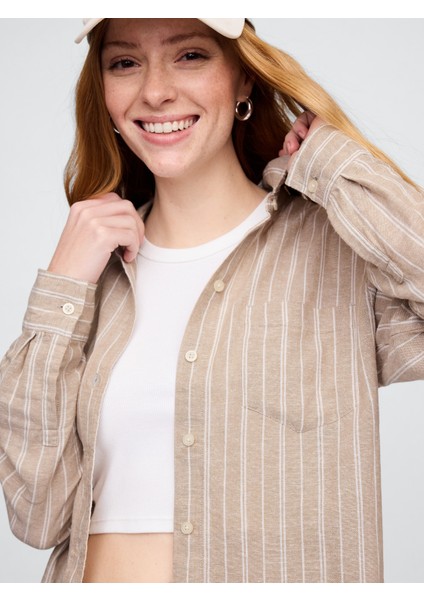 Kadın Açık Bej Keten Karışımı Easy Gömlek modelleri