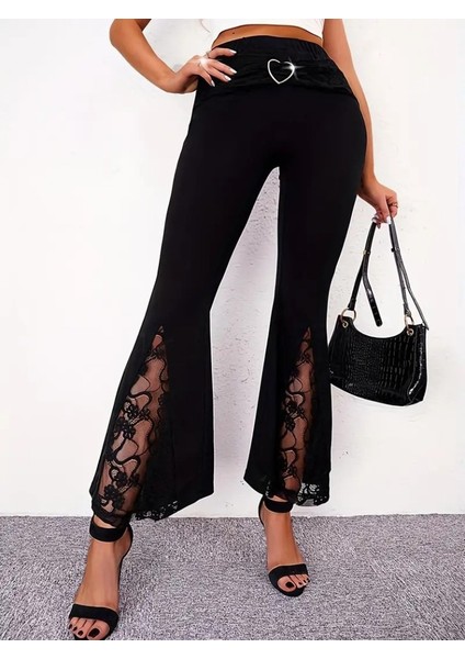 Kadın Yüksek Bel Kalpli Kemer Dantel Detaylı Dalgıç Pantolon