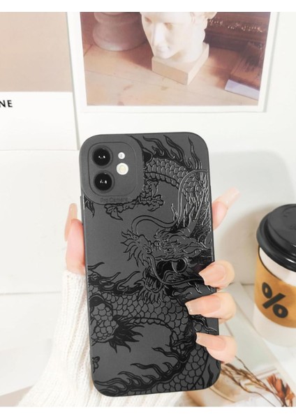 Iphone 12 Uyumlu Kılıf Mat Siyah Ejderha Desenli Darbelere Dayanıklı Yumuşak Kamera Korumalı Kapak