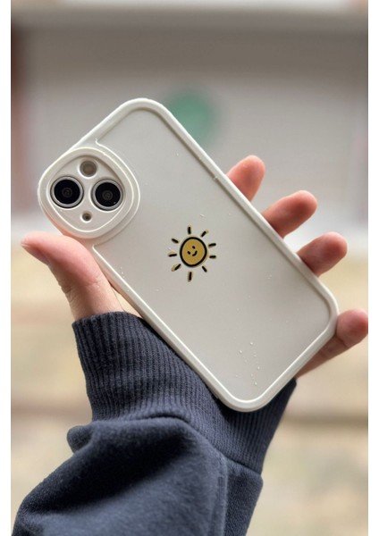 Iphone 15 Plus / 14 Plus Uyumlu Kılıf Güneş Desenli Kamera Korumalı Silikon Kapak Krem