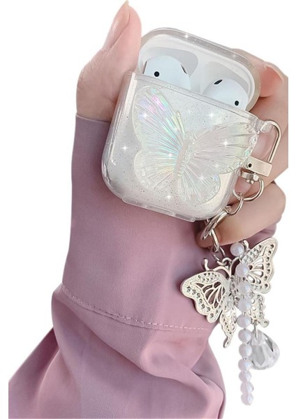 Airpods 1. ve 2. Nesil Uyumlu 3D Kelebek Kopçalı Simli Kulaklık Kılıfı