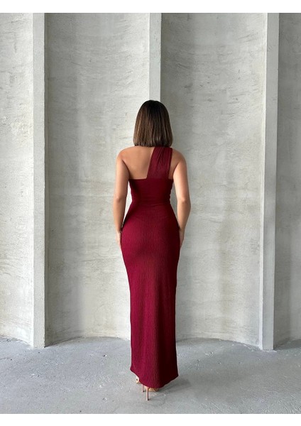 Krinkıl Tek Omuz Uzun Elbise Bordo S25455